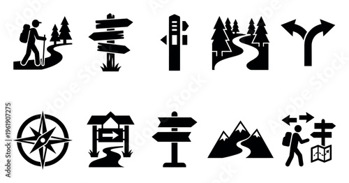 A collection of black silhouette icons depicting hiking, navigation, and outdoor adventure themes, ideal for travel guides, apps, and maps.