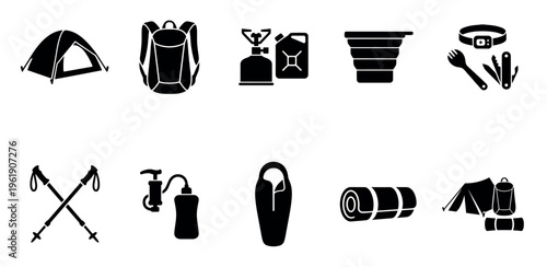 A collection of black silhouette icons representing essential camping and outdoor adventure equipment on a white background.