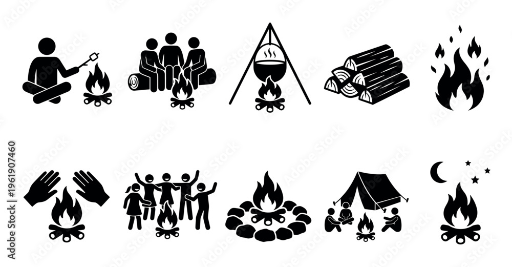 Fototapeta premium A collection of black silhouette icons depicting various camping and outdoor scenes around a campfire, including people, fire, wood, tent, and night sky elements.