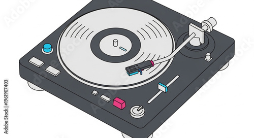 Illustration of a black turntable with a vinyl record.