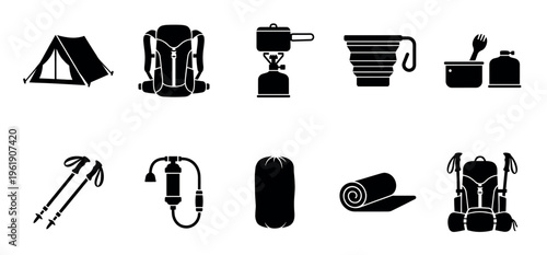 A collection of black silhouette icons representing essential camping and hiking gear on a white background, perfect for outdoor adventure themes.