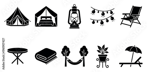 A collection of black silhouette icons depicting various camping and outdoor recreation elements on a white background.