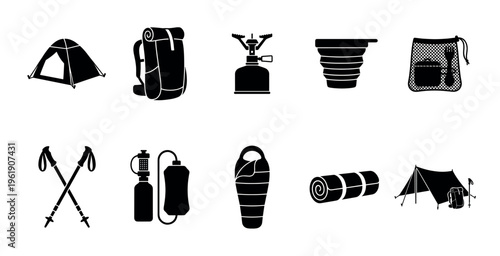 A collection of black silhouette icons representing essential camping and outdoor adventure equipment, perfect for illustrating travel and exploration themes.