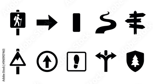 A set of black graphic icons on a white background, depicting various directional and navigational symbols useful for maps, signage, or travel.