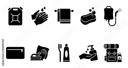 A collection of black and white icons representing hygiene and camping essentials, perfect for illustrating concepts of outdoor adventure and personal care.