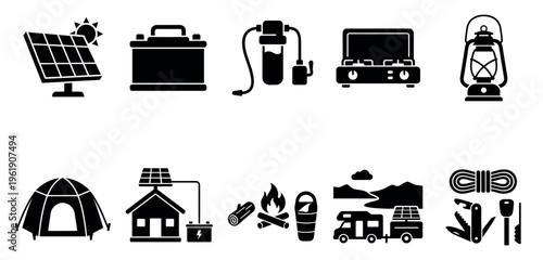 A collection of black and white vector icons illustrating essential camping equipment and survival tools for outdoor adventures.