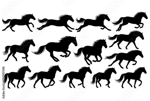 Horse Silhouette Icon Set with Galloping Running and Walking Equine Shapes Flat Vector Collection