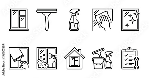 A collection of simple black and white line icons illustrating various aspects of window cleaning, including tools, sprays, and sparkling results.