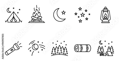 This minimalist black and white icon set depicts various elements of a night camping trip, including a tent, campfire, lantern, and stars.