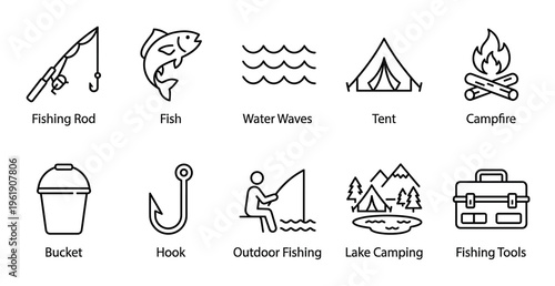 A collection of simple line art icons representing various fishing and camping activities, including rods, fish, tents, and campfires.