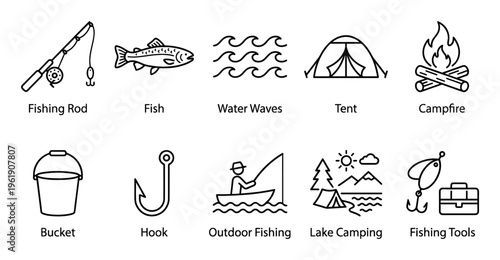 This collection of line art icons represents essential elements for fishing and camping adventures, including a rod, fish, water, tent, campfire, and gear.