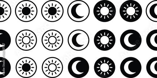 Dark mode light and night icons pattern, sun moon symbols background, minimal seamless wallpaper, modern UI theme, brightness contrast concept design