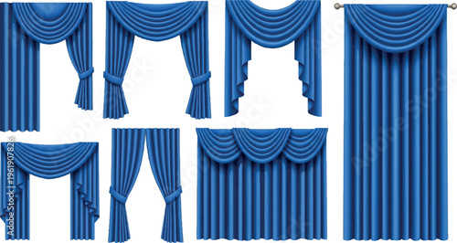 Assorted blue velvet drapes, pleated curtains, and swag valances for luxurious interior window treatments, velvet curtain