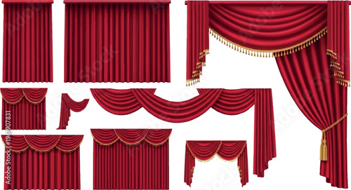 Collection of red velvet drapes, curtains, swags, and ornate valances with gold trim accents, velvet curtain
