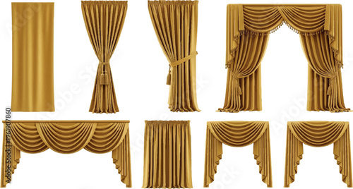 Collection of gold velvet drapes and curtains, luxury fabric swags and valances for theatrical or interior settings, velvet curtain