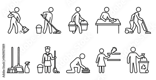 This set of line art icons depicts various people performing cleaning tasks such as sweeping, mopping, vacuuming, dusting, and trash disposal, suitable for commercial and service-related uses.