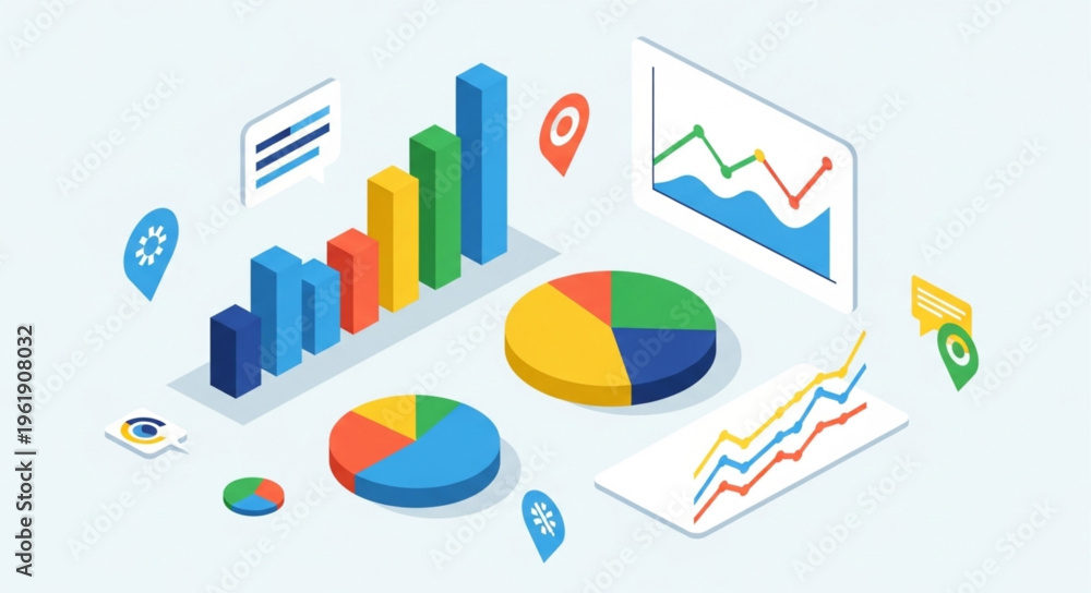 Obraz premium Isometric Data Visualization - Charts, Graphs, and Analytics Illustration.