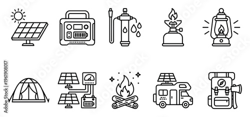 A collection of vector line art icons depicting camping and outdoor adventure equipment, including solar panels, tents, stoves, and backpacks.