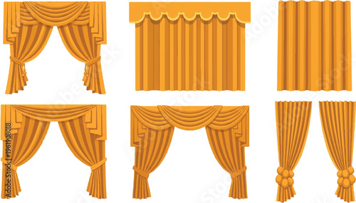 Assortment of bright orange stage curtains with decorative swags and gold trim, theatre drapery, interior design