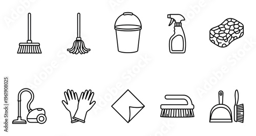 A clean graphic collection of essential household cleaning tools, presented as simple outline icons on a white background, perfect for service websites.