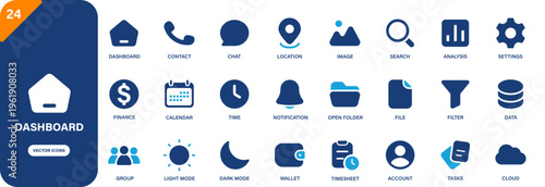 Dashboard  icon collection featuring ui, calendar, contact, task and finance symbols. Solid vector icons.