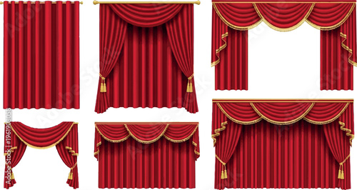 Variety of red velvet theatre stage curtains with gold trim, tassels, and swags for performance, interior design