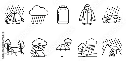 A set of simple line art icons illustrating various aspects of camping in rainy weather, including tents, a raincoat, a dry bag, and a campfire under a tarp.