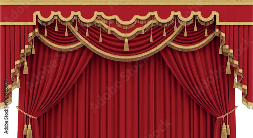 Luxury red velvet theater curtains with gold trim and tassels, grand opening stage drapery, elegant stage backdrop design, opulent interior decoration, velvet drape