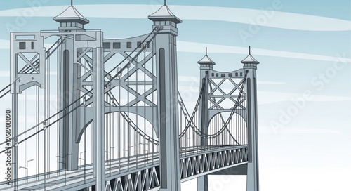 Detailed Illustration of a Majestic Suspension Bridge Structure.