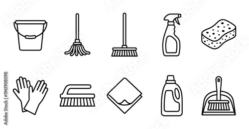 A clean, minimalist collection of black line art icons representing various essential cleaning tools and supplies for household chores and professional services.