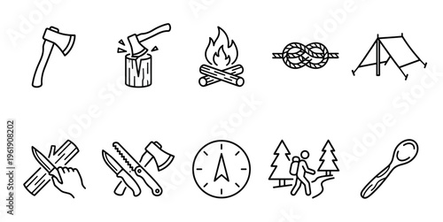 A collection of simple black line art icons representing camping and outdoor activities, including axes, fire, tent, compass, hiking, and cooking utensils.