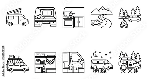 A collection of line art icons depicting various aspects of van life and camping, including pop-up roofs, interior setups, kitchens, road trips, campfires, and nighttime scenes.