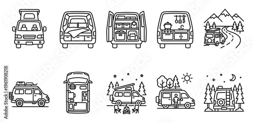 Collection of line art illustrations depicting various camper vans and outdoor adventure scenes, perfect for travel and lifestyle concepts.
