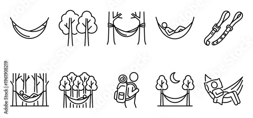 A collection of line art icons depicting hammock camping scenes, including trees, straps, a hiker, and people relaxing in hammocks under moonlit skies.