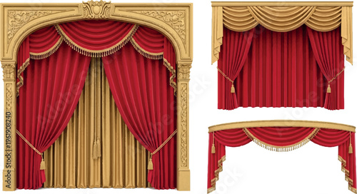Grand archway with red velvet curtains and golden drapery, opulent stage entrance, ornate interior design element, luxurious theatre backdrop, rich decoration