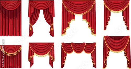 Collection of red velvet stage curtains with gold trim and tassels for theater and event decor with home decor