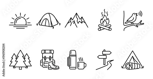 A collection of simple black line icons representing camping and hiking elements, including a sunrise, tent, mountains, campfire, bird, trees, backpack, boot, thermos, signpost, and sleeping bag.