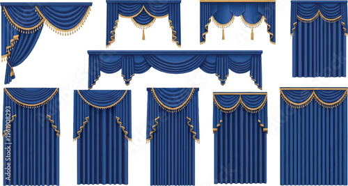 Assortment of blue velvet curtains with gold trim, varying styles for theater, stage, or window decor, home decor