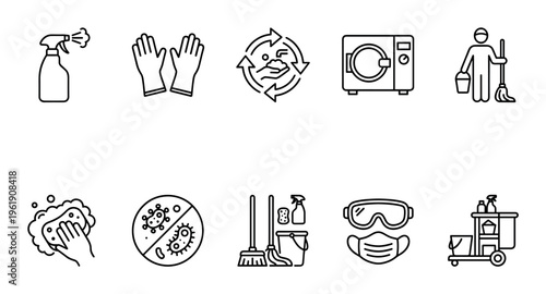 A collection of black and white outline icons representing various aspects of cleaning, hygiene, and safety, suitable for use in health and wellness content.