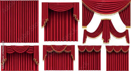 Assortment of deep red stage curtains and drapes with decorative gold trim and tassels, showcasing elegant designs for theatre or formal interiors, window dressing