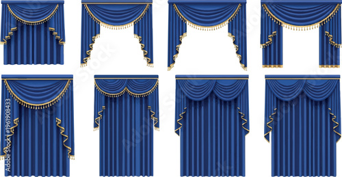 Set of royal blue curtains and drapes adorned with gold trim and decorative tassels, showcasing elegant pleats and swags for stage or luxurious interiors, window dressing