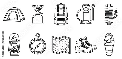 This collection features line art icons of essential camping gear, including a tent, stove, backpack, pump, rope, lantern, compass, map, boots, and sleeping bag.