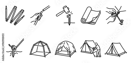 This line art icon set visually explains the step-by-step process of setting up a camping tent, from assembling poles to staking it down.