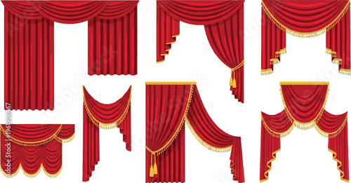 Collection of rich red curtains and drapes with ornate gold trim, showcasing elegant swags, pleats, and tassels for theatre stage or formal interior decor, window dressing