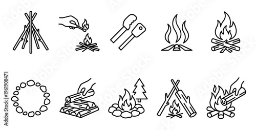 A collection of simple black and white line art icons depicting various campfire scenes and related elements for outdoor activities.