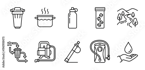 A collection of black line art icons representing various water purification methods and survival tools for outdoor activities and emergencies.