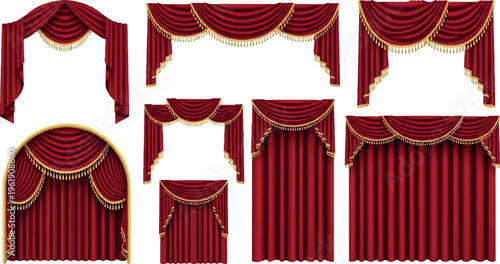 Assortment of rich red curtains, drapes, and valances with decorative gold tassels and trim, elegant window dressing for luxury interiors, window treatments
