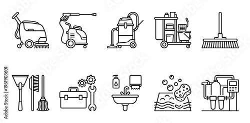 A collection of clean line art icons representing various cleaning equipment and tools for commercial or domestic use, including vacuums, mops, and sinks.