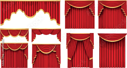 Variety of deep red curtains and drapes with gold trim and decorative tiebacks, elegant window coverings for formal settings and stages, window treatments