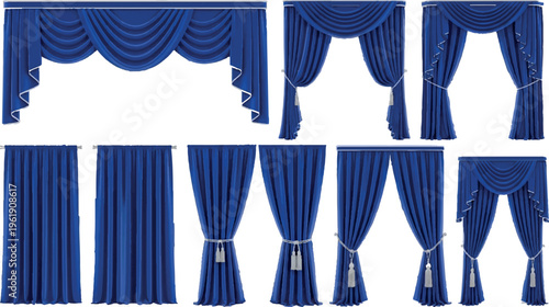 Group of royal blue curtains and drapes with decorative tiebacks and tassels, luxurious fabric window coverings for elegant interiors, window treatments